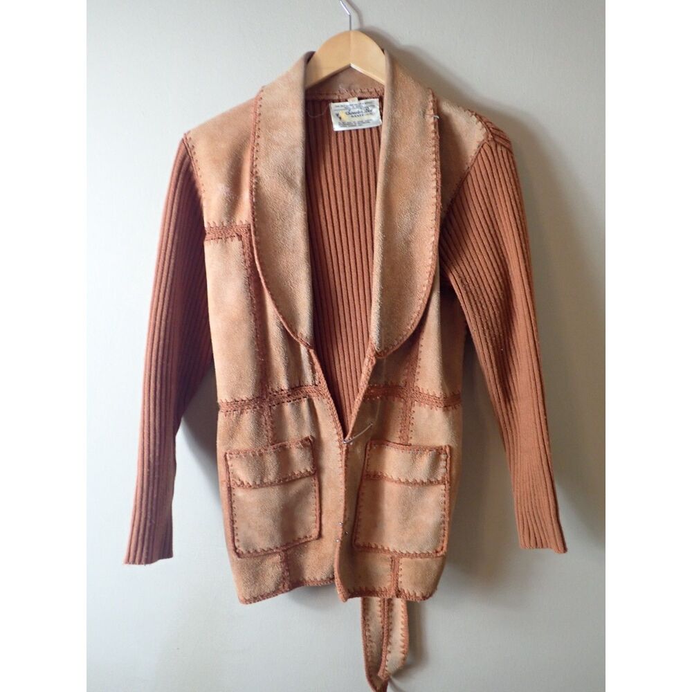 Sweater Bee Vintage 70’s Leather Knit Jacket Large Banff Orange Boho Mod Indie